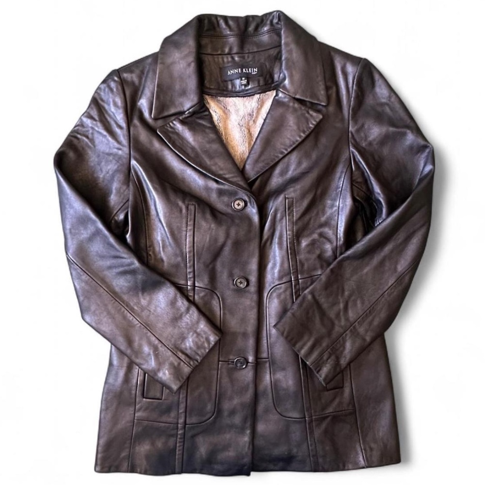 Anne Klein Black Leather Coat with Faux Fur Lining